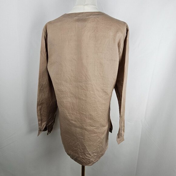 TOTOnKO Vintage Tunic Top Petite Linen Button Oversized Tan V-Neck Long Sleeve - Picture 3 of 8